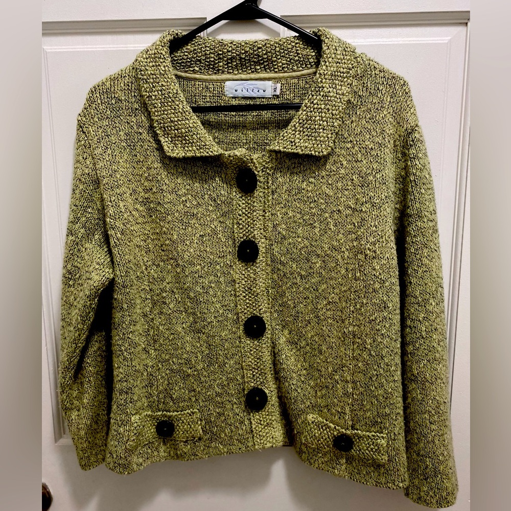 Willow Chunky Knit Cotton Green Cardigan Sweater Big Buttons Front XL